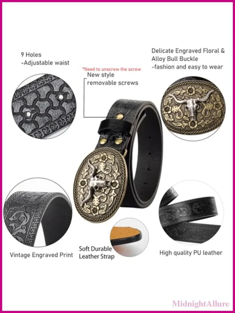 PU Leather Western Belt Engraved Floral Bull Buckle Adjustable